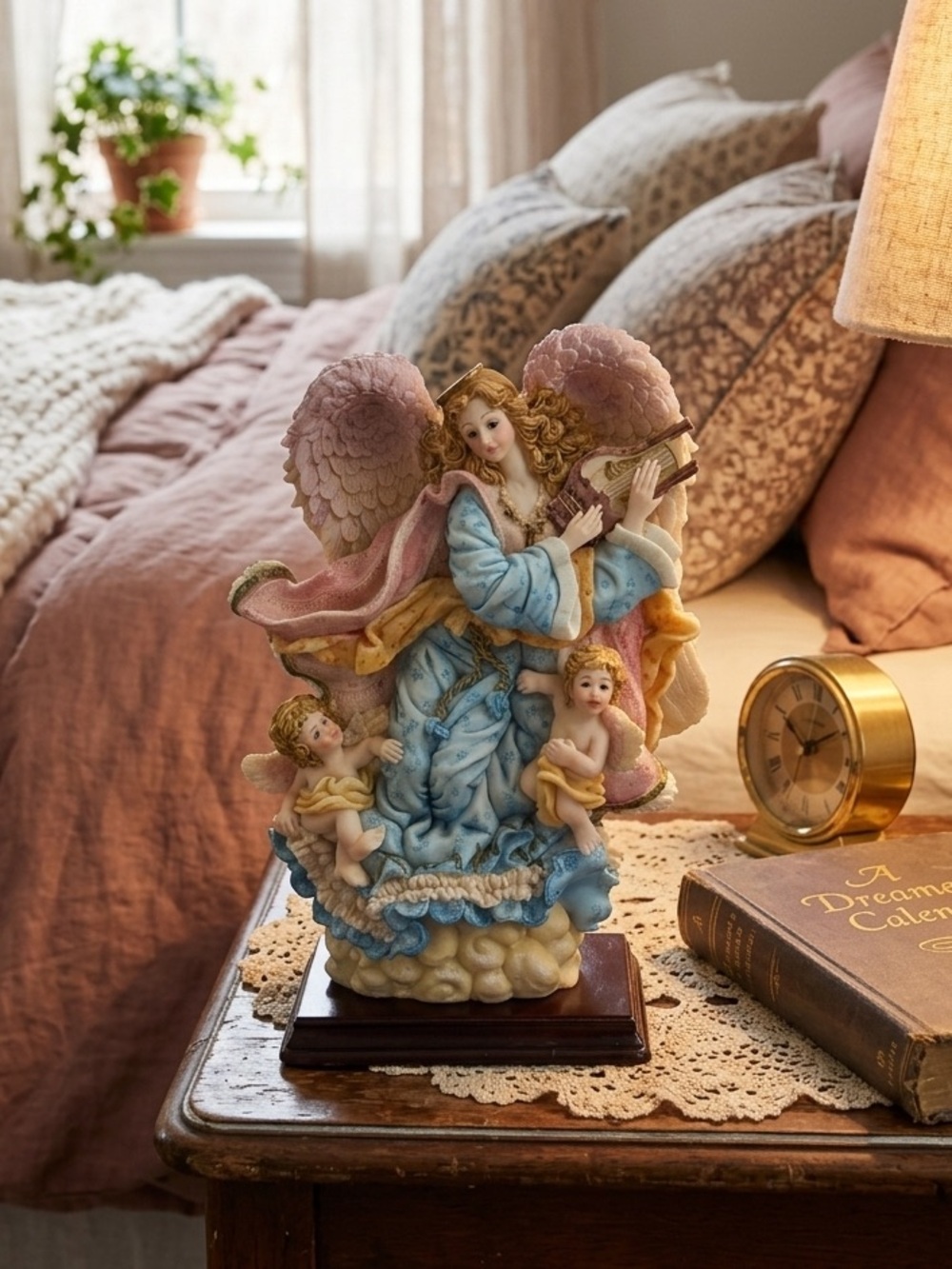 Angel and Cherubs Statue, 11” Tall, Resin On Wood Base, Unbranded